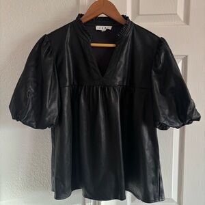 THML Black Puff Sleeve Ruffle Neck Top FAUX Leather Size L